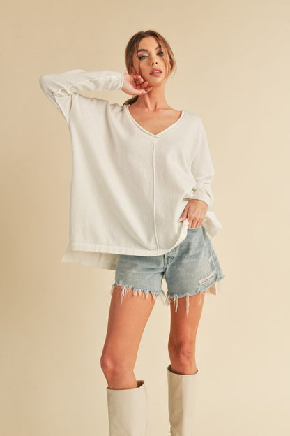AEMI & Co. Chic V-neck Exposed Seam Sweater- Amaly Sweater
