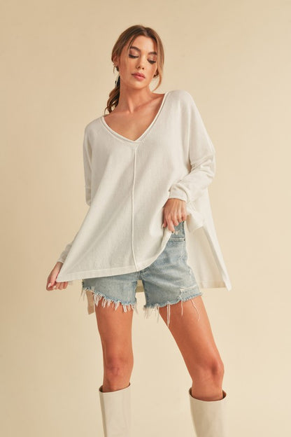 AEMI & Co. Chic V-neck Exposed Seam Sweater- Amaly Sweater