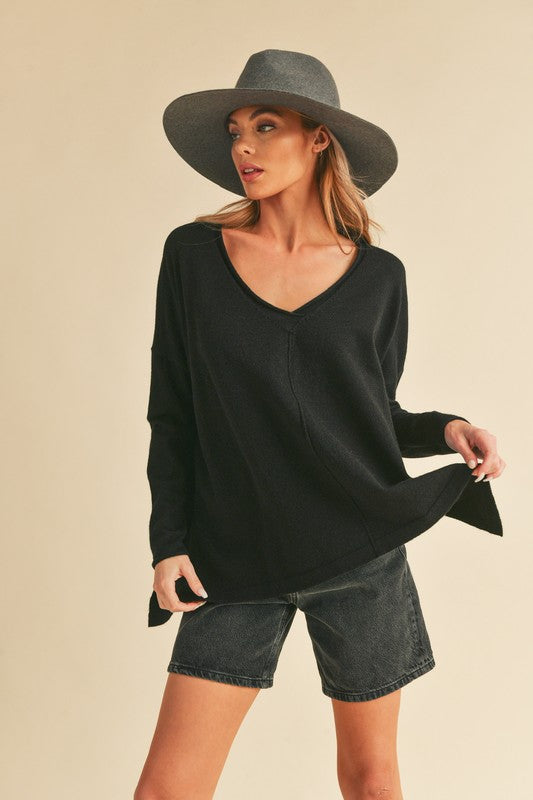 AEMI & Co. Chic V-neck Exposed Seam Sweater- Amaly Sweater