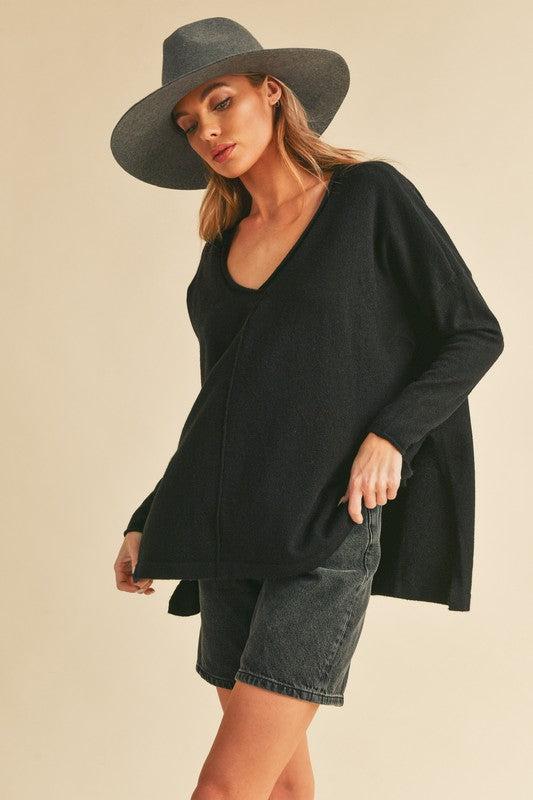 AEMI & Co. Chic V-neck Exposed Seam Sweater- Amaly Sweater