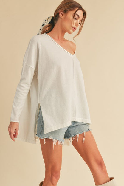 AEMI & Co. Chic V-neck Exposed Seam Sweater- Amaly Sweater