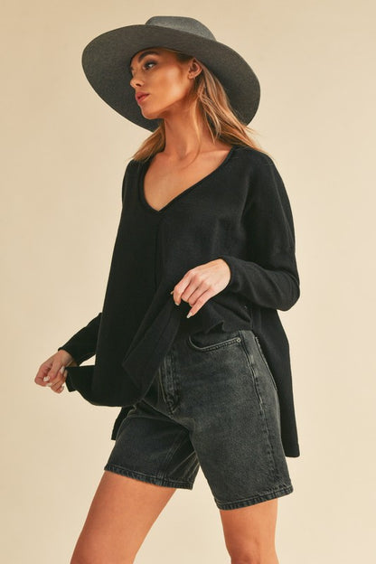 AEMI & Co. Chic V-neck Exposed Seam Sweater- Amaly Sweater