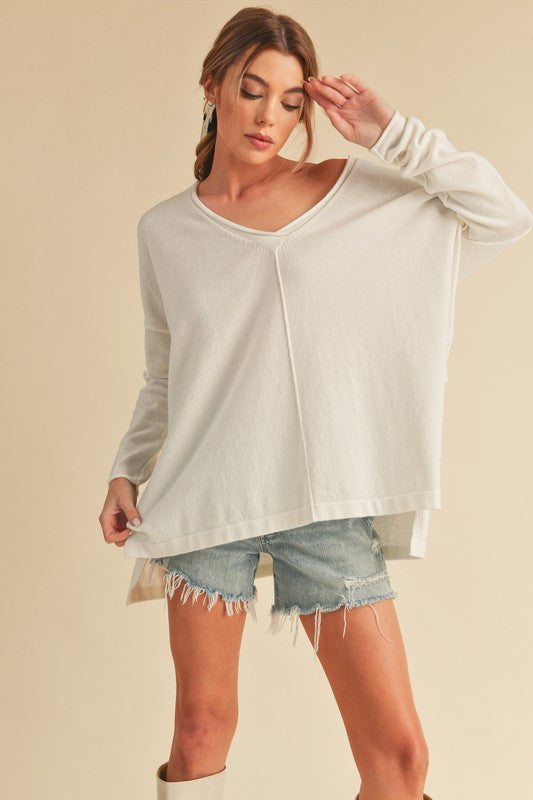 AEMI & Co. Chic V-neck Exposed Seam Sweater- Amaly Sweater