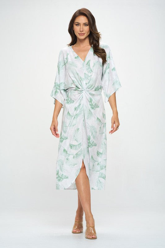 RENEE C. Tropical Leaf Print Kimono Dress with Front Twist