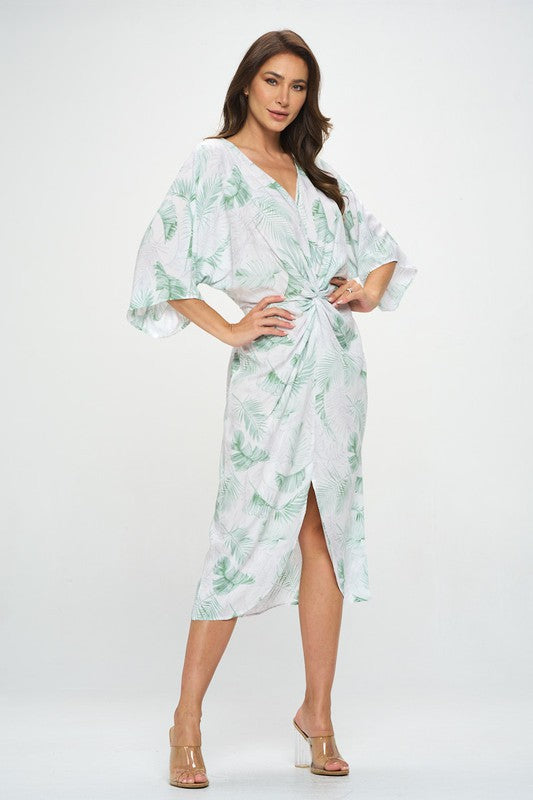 RENEE C. Tropical Leaf Print Kimono Dress with Front Twist
