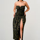 ATHINA Strapless Dark Camo Print High-Split Dress