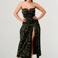 ATHINA Strapless Dark Camo Print High-Split Dress