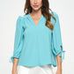 RENEE C. Sage Solid V Neck Top with Self Tie Sleeves