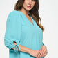 RENEE C. Sage Solid V Neck Top with Self Tie Sleeves