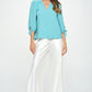 RENEE C. Sage Solid V Neck Top with Self Tie Sleeves