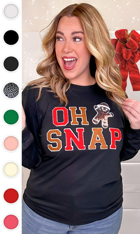 Sugar Stitch Women's Full Size Soft Ideal Chenille "Oh Snap" Holidays Graphic Long Sleeve Top