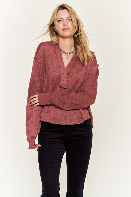 JADE by JANE Deep V-neck Collared Long sleeve Knit Top