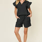 DOUBLE TAKE Full Size Texture Flounce Sleeve Top and Drawstring Shorts Set
