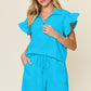 DOUBLE TAKE Full Size Texture Flounce Sleeve Top and Drawstring Shorts Set