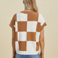 DOUBLE TAKE Full Size Checkered Round Neck Short Sleeve Sweater