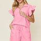 DOUBLE TAKE Full Size Texture Flounce Sleeve Top and Drawstring Shorts Set