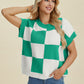 DOUBLE TAKE Full Size Checkered Round Neck Short Sleeve Sweater