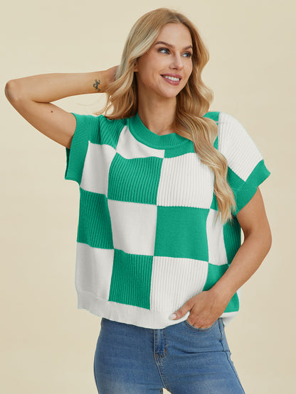 DOUBLE TAKE Full Size Checkered Round Neck Short Sleeve Sweater