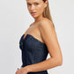 EMORY PARK Denim Tube Top with Rosette Detail