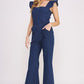 DENIM RUFFLE FLARE LEG JUMPSUIT