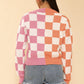 Two tone checkered cropped knit cardigan