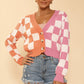 Two tone checkered cropped knit cardigan
