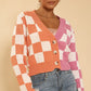 Two tone checkered cropped knit cardigan