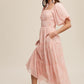 Listicle Women's Flower Embroidered Squared Collard Tiered Maxi Tull Dress with Puff Sleeve