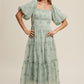 Listicle Women's Flower Embroidered Squared Collard Tiered Maxi Tull Dress with Puff Sleeve