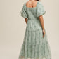 Listicle Women's Flower Embroidered Squared Collard Tiered Maxi Tull Dress with Puff Sleeve