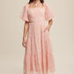 Listicle Women's Flower Embroidered Squared Collard Tiered Maxi Tull Dress with Puff Sleeve