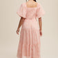 Listicle Women's Flower Embroidered Squared Collard Tiered Maxi Tull Dress with Puff Sleeve