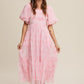 Listicle Women's Flower Embroidered Squared Collard Tiered Maxi Tull Dress with Puff Sleeve