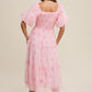Listicle Women's Flower Embroidered Squared Collard Tiered Maxi Tull Dress with Puff Sleeve
