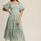 Listicle Women's Flower Embroidered Squared Collard Tiered Maxi Tull Dress with Puff Sleeve