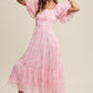 Listicle Women's Flower Embroidered Squared Collard Tiered Maxi Tull Dress with Puff Sleeve
