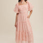 Listicle Women's Flower Embroidered Squared Collard Tiered Maxi Tull Dress with Puff Sleeve