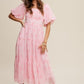 Listicle Women's Flower Embroidered Squared Collard Tiered Maxi Tull Dress with Puff Sleeve