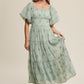 Listicle Women's Flower Embroidered Squared Collard Tiered Maxi Tull Dress with Puff Sleeve