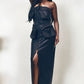 ATHINA Black Button Split Detailed PU Leather Dress