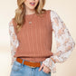 EG FASHION Cable Knit Sweater with Floral Ruffle Cuff Sleeves