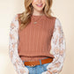 EG FASHION Cable Knit Sweater with Floral Ruffle Cuff Sleeves