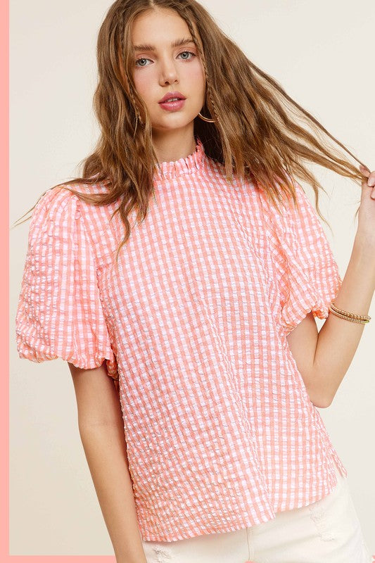 LA MIEL Women's Gingham Check Print Puff Short Sleeves Casual Top