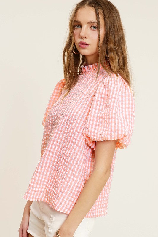LA MIEL Women's Gingham Check Print Puff Short Sleeves Casual Top