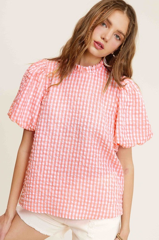 LA MIEL Women's Gingham Check Print Puff Short Sleeves Casual Top