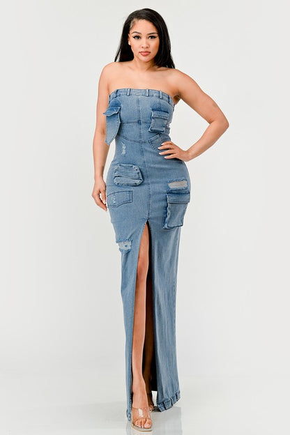 ATHINA Urban Chic Strapless Denim Front-split Dress