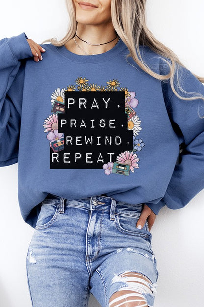 Cali Encouraging Women's "Pray Praise Rewind Repeat" Graphic Sweatshirt