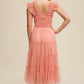 LISTICLE Smocked Ruffle Tiered Mesh Midi Cocktail Dress