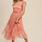 LISTICLE Smocked Ruffle Tiered Mesh Midi Cocktail Dress