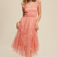 LISTICLE Smocked Ruffle Tiered Mesh Midi Cocktail Dress